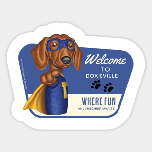 Funny Dachshund Superhero in blue suit Sticker